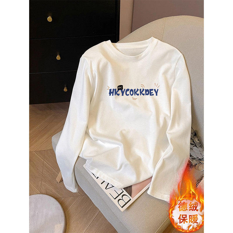 双面德绒长袖t恤女内搭秋冬新款宽松显瘦打底衫白色正肩t恤上衣服