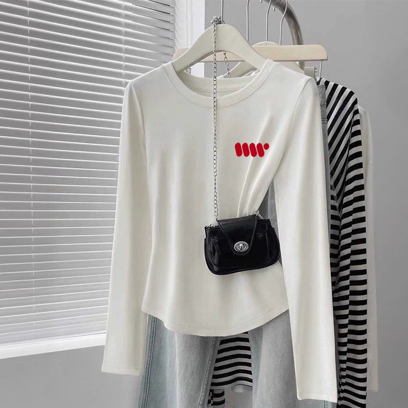 不规则设计感圆领白色上衣女宽松显瘦内搭短款长袖t恤春秋季
