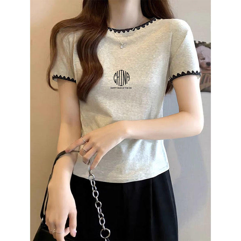 欧货撞色纯棉短袖T恤女2026夏季新款设计感小众花边百搭短款上衣