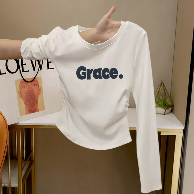 白色长袖圆领纯欲小个子T恤女秋冬褶皱收腰修身打底衫内搭上衣