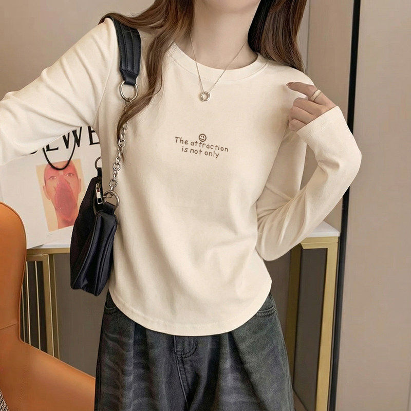 正肩纯棉长袖t恤女春秋款不规则弧形下摆内搭小个子短款显瘦上衣