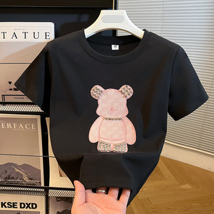 黑色短袖t恤女夏装新款短款宽松设计感小众洋气钉珠亮片上衣