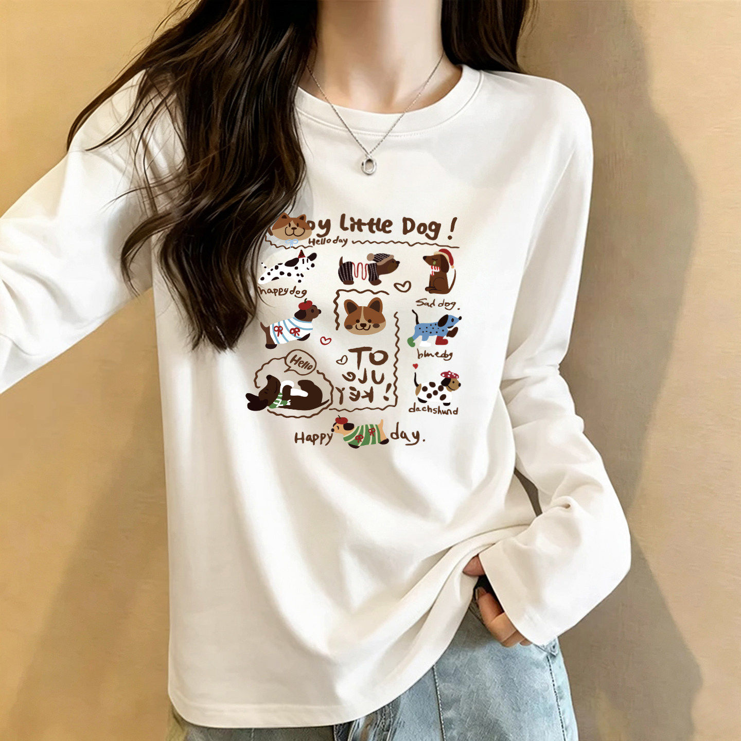 韩版新款设计感卡通印花长袖圆领T恤女舒适休闲打底外穿棉质上衣