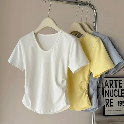 纯棉短袖t恤女夏季v领褶皱短上衣