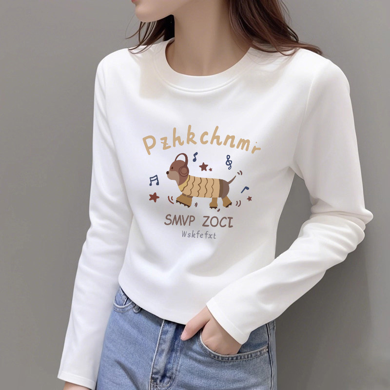 甜辣风正肩长袖减龄印花T恤女秋季小众显瘦短款白色打底上衣