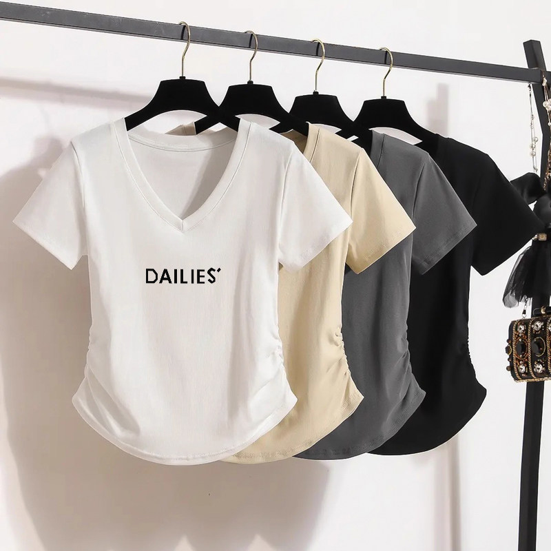 小个子短款V领短袖T恤女2026夏季收腰显瘦修身掐腰体恤上衣潮