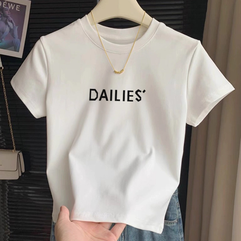 白色正肩短款韩系字母短袖T恤女夏季设计感修身显瘦辣妹圆领上衣
