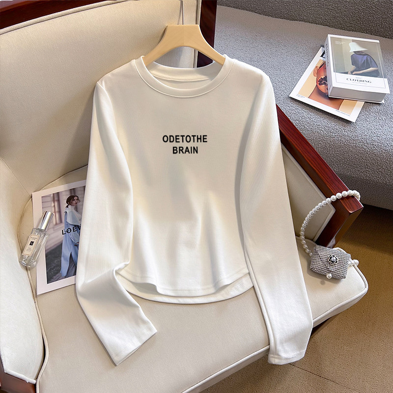 正肩圆领长袖t恤女春秋季设计感弧形下摆小个子短款辣妹上衣