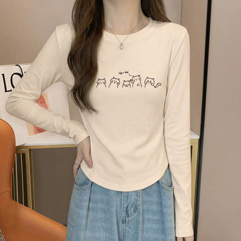 纯棉长袖t恤女春秋季新款不规则弧形显瘦修身内搭打底衫短款上衣