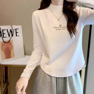 半高领长袖白色t恤女秋冬款2026百搭显瘦内搭加厚不规则短款上衣