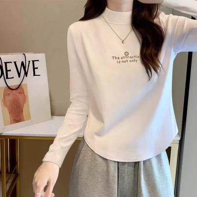 加厚不规则短款半高领长袖t恤女