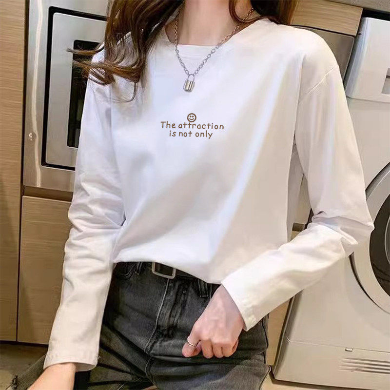 白色纯棉长袖t恤女2026新款春秋宽松时尚内搭正肩打底衫圆领上衣