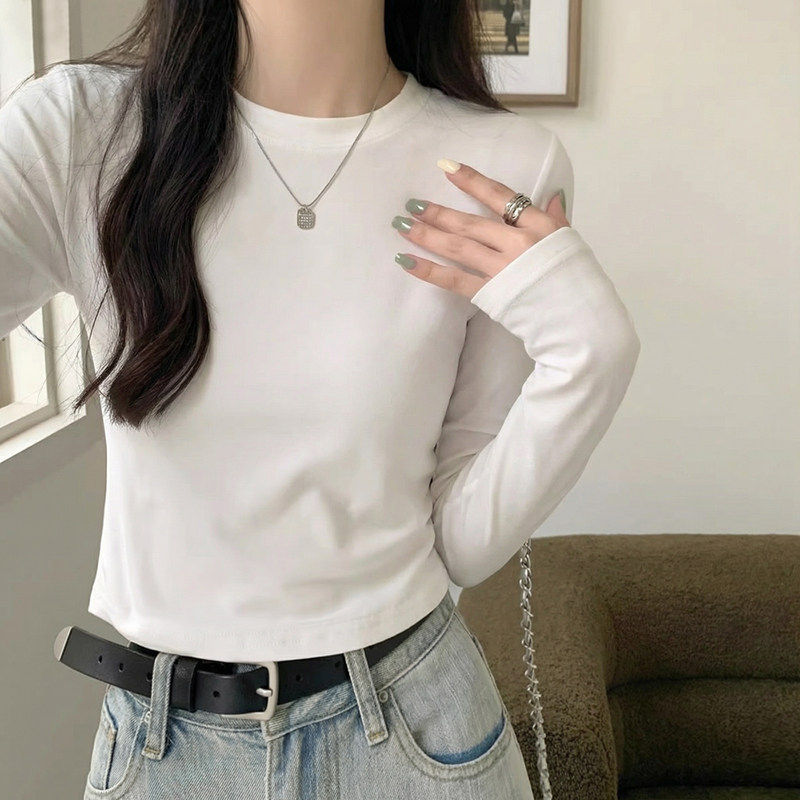 圆领长袖t恤女短款内搭2026新款春秋小个子甜辣小上衣正肩打底衫