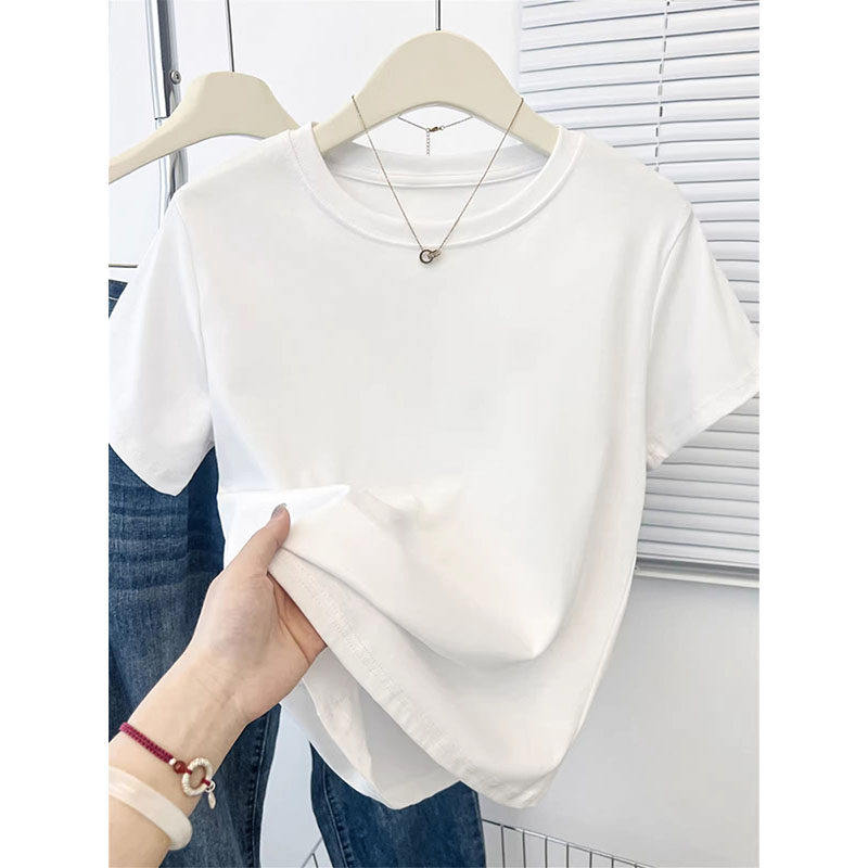 纯色正肩短袖t恤女2026新款夏季纯棉设计感小众短款百搭显瘦上衣
