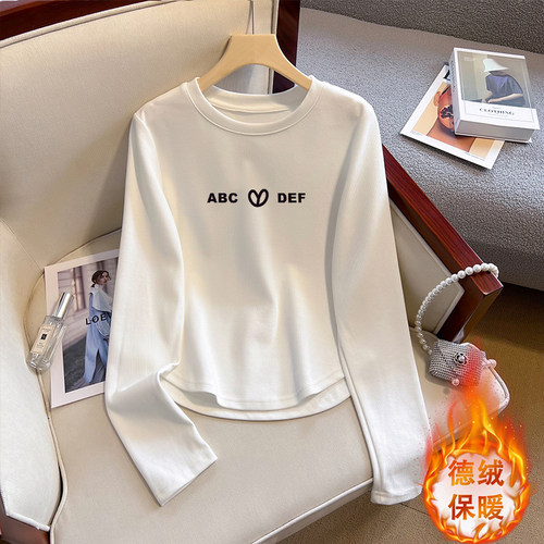 德绒正肩圆领长袖T恤女短款上衣