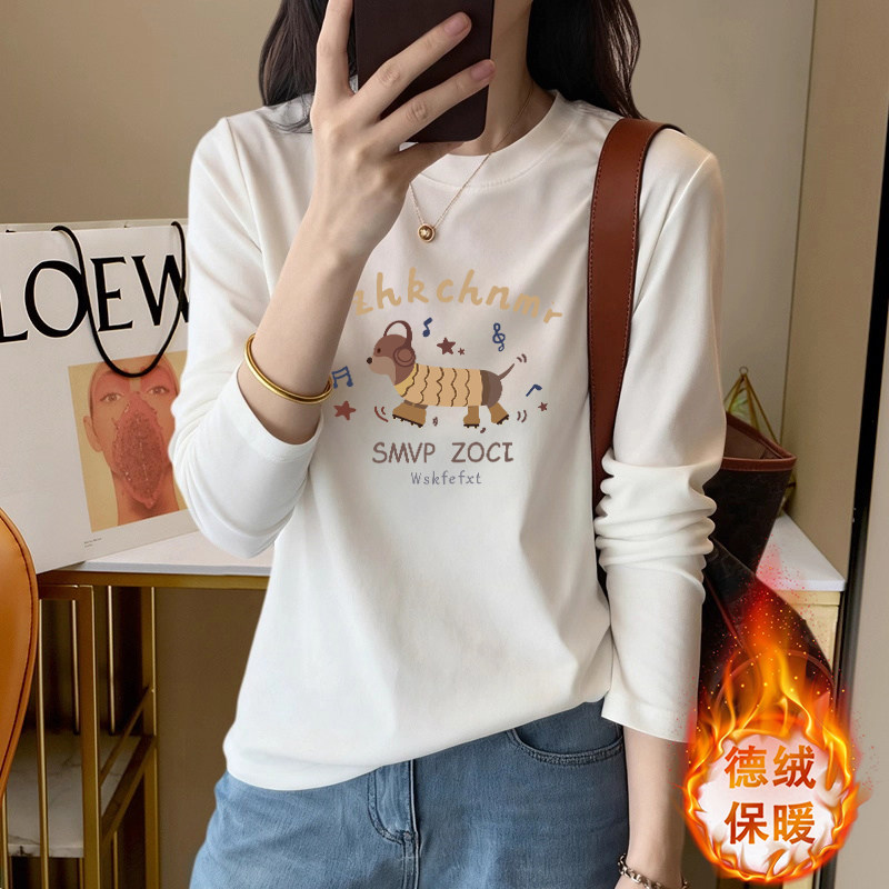 加绒加厚长袖T恤女秋冬内搭德绒打底衫保暖宽松显瘦叠穿百搭上衣