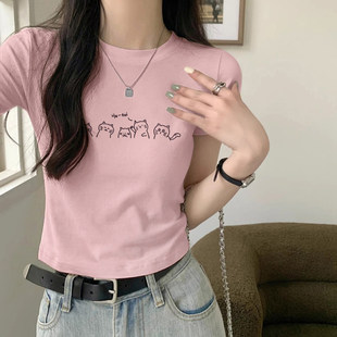 粉色圆领正肩短袖T恤女2026夏季多巴胺设计感纯棉高腰显瘦小上衣