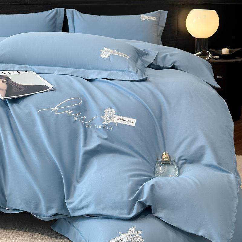新款高档全棉纯棉磨毛纯色刺绣四件套简约柔软被套床单床笠床品