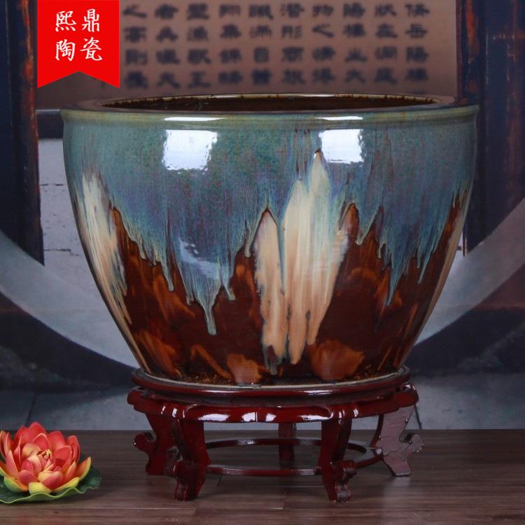 陶瓷鱼缸厂家 颜色釉窑变狮子双耳大小号鱼缸栽花盆园林装饰