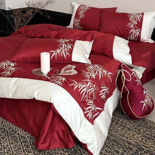 新中式风竹韵福禄刺绣婚庆大红结婚床上用品纯棉长绒棉四件套