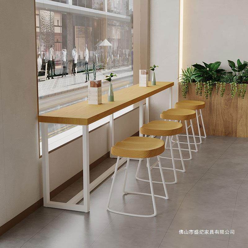 简约实木便利店超市餐桌椅组合原木风小吃餐厅白色靠墙长条吧台桌