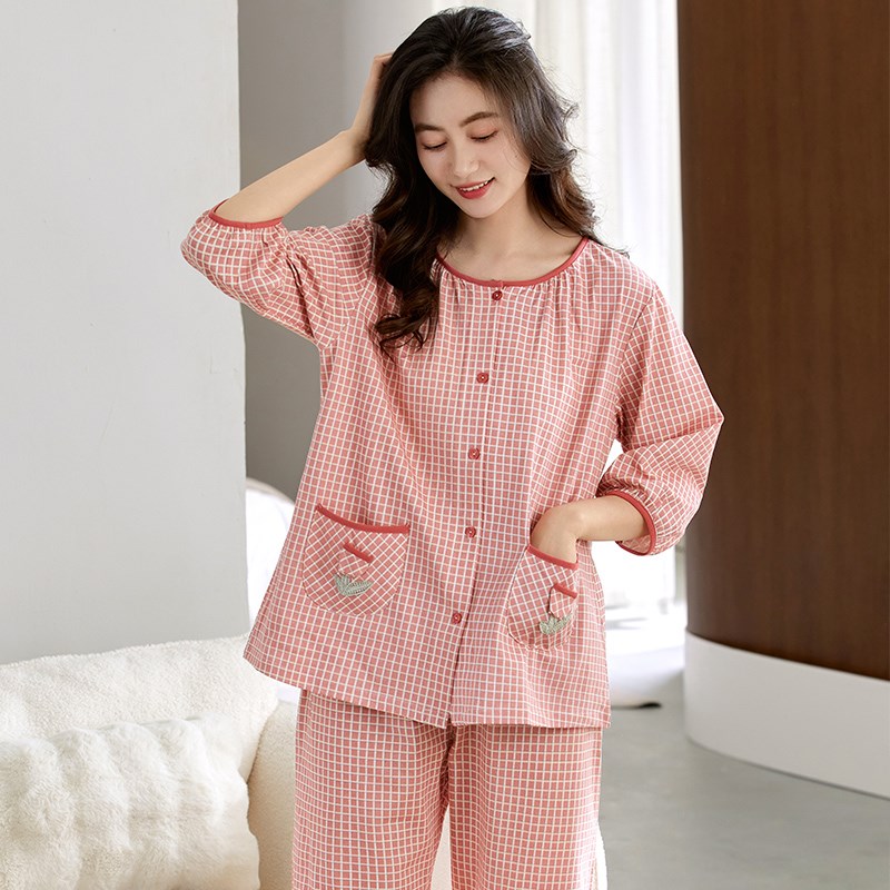 睡衣女夏季短袖七分袖新款大码九分裤L夏天薄款格子家居服套装