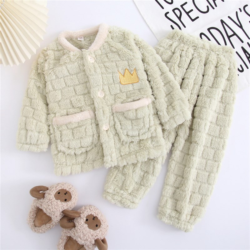 秋冬季儿童法兰绒睡衣男童女孩珊瑚绒保J暖休闲家居服套装小孩宝