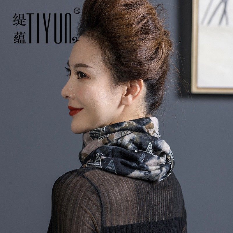 围脖女秋冬100%纯羊毛双面y印花套头小围巾韩版百搭保暖护颈椎脖