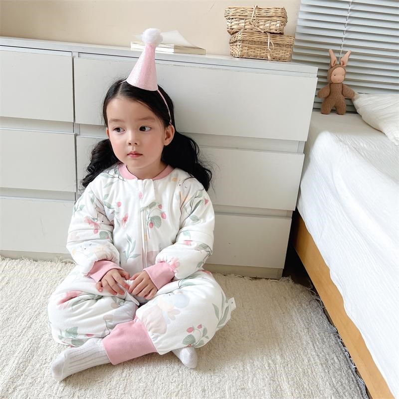 儿童睡袋秋冬宝宝纯棉分脚防踢被男女童可K拆袖加厚连体睡衣防着