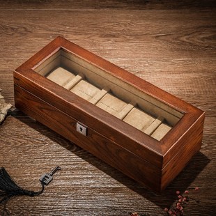 夭桃(饰品e)榆木纯实木天窗手表盒五位机械表展示收藏收纳盒带锁