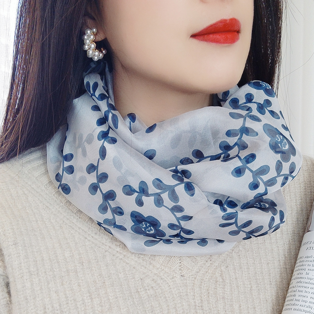 围脖女夏季护颈防晒套头防v寒领圈桑蚕丝真丝骑行春秋白色脖套围