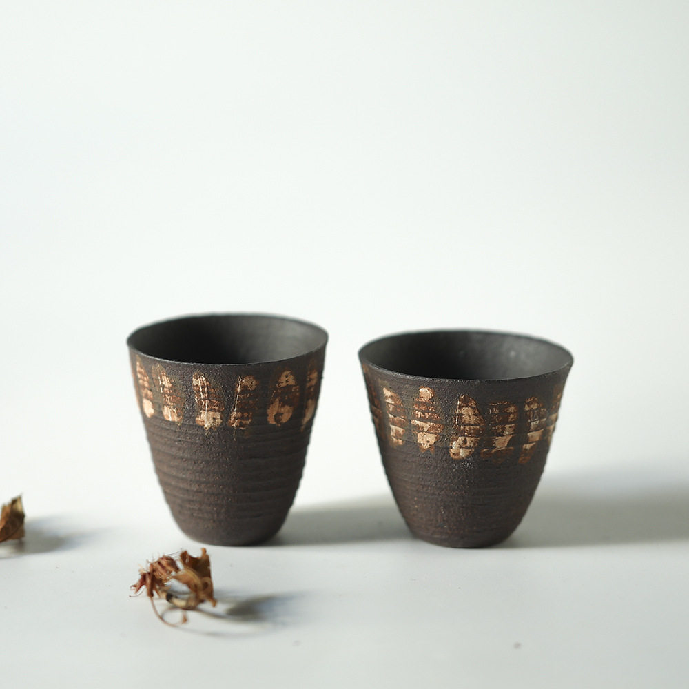 紫砂纹理手绘纹理茶杯 手工制作陶瓷茶器主人杯功夫杯闻香杯