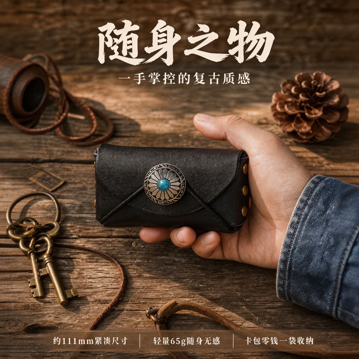 手工复古牛皮烟斗包男女随身收纳包轻量65g金属装饰文玩包