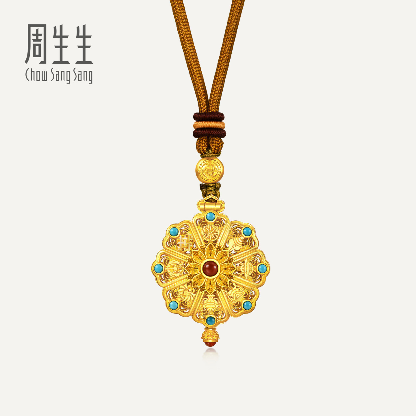 周生生华宇古法黄金足金八瑞相佛八宝罗盘可打开嘎乌盒项链95427Z