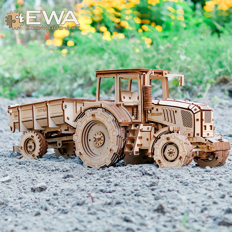 EWA拖拉机木制拼装农机模型成人桌面可动积木摆件DIY生日礼物