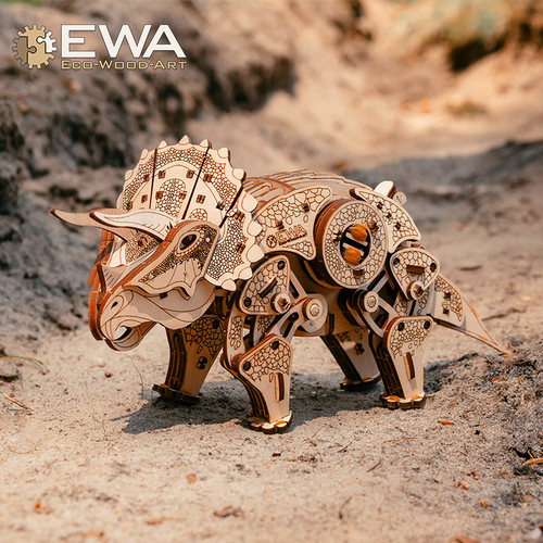 EWA恐龙模型木制侏罗纪三角龙积木潮玩益智拼图男孩DIY礼物摆件