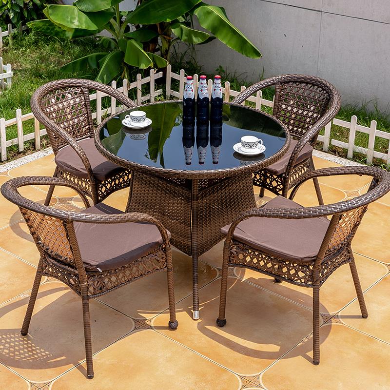 户外桌椅藤编庭院阳台休闲花园露台茶几室外桌椅带伞藤椅三件套