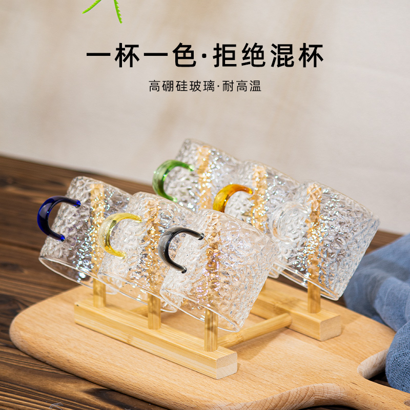 玻璃锤纹彩把小杯子，耐冷耐热