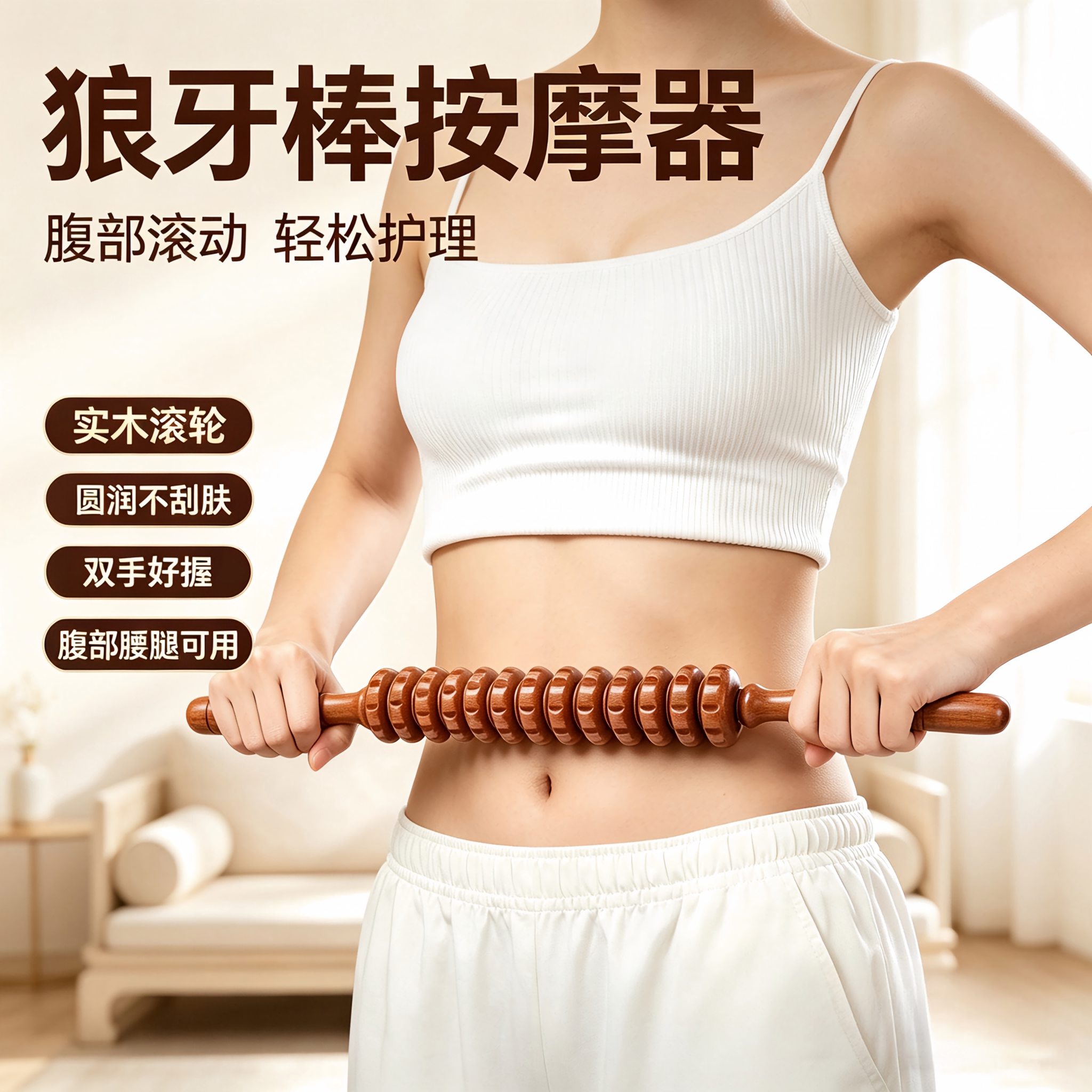 狼牙棒按摩器实木滚轮后背部腰部颈椎腿部手持式推拿筋膜擀背工具
