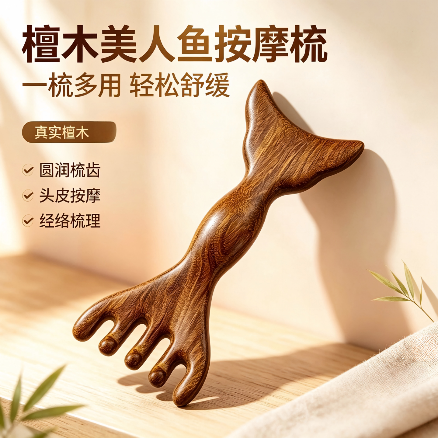 檀木美人鱼按摩梳头部头皮经络梳抓头挠头刮痧养生拨筋棒头疗木梳