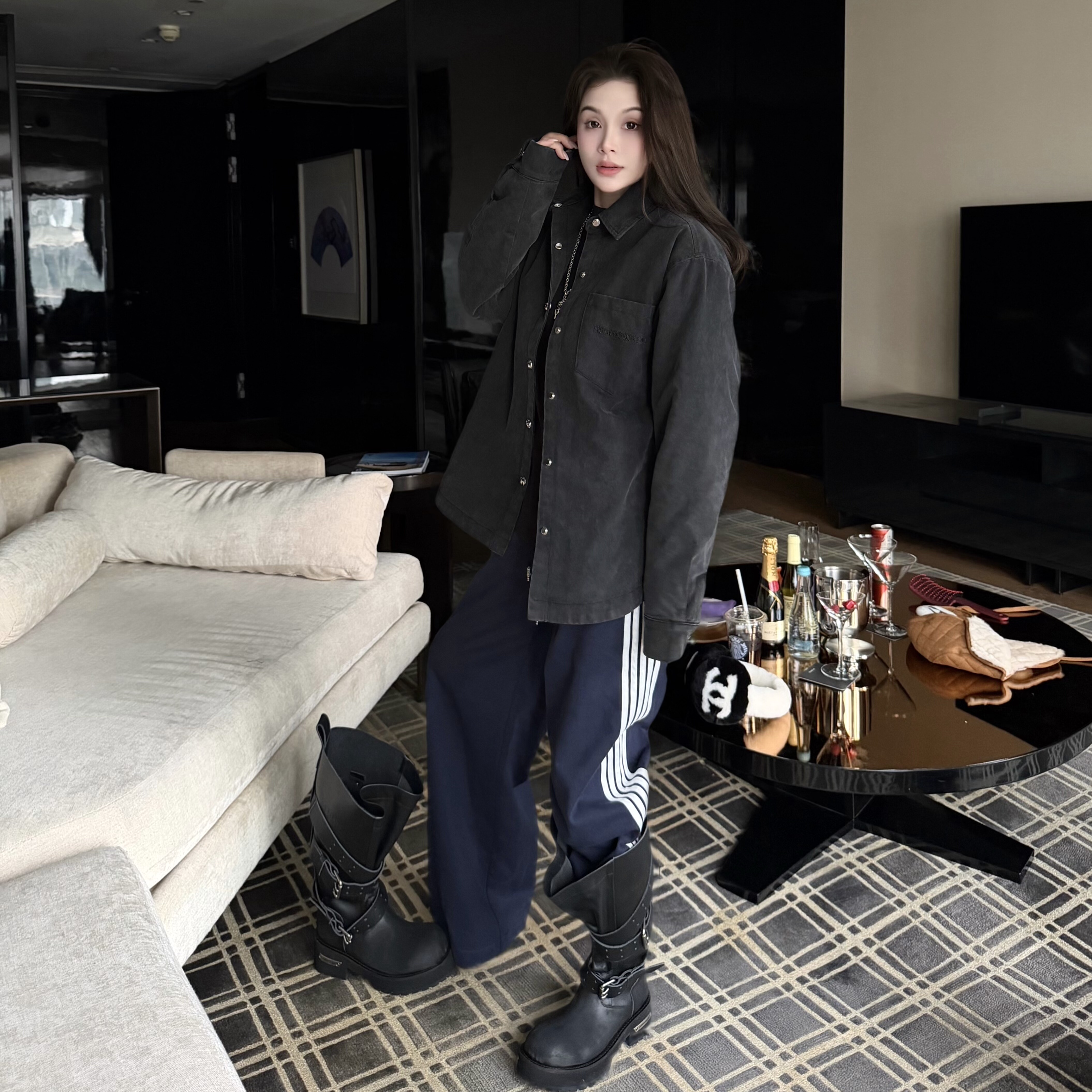 复古刺绣菱格宽松显瘦长袖衬衫