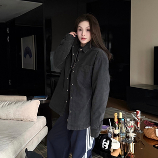 vivichan原创设计感复古风夹棉菱格牛仔衬衫 宽松显瘦百搭黑色男女