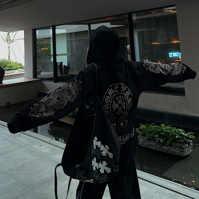 vivichan秋冬新款ins重工烫钻十字架连帽卫衣外套宽松休闲男女款