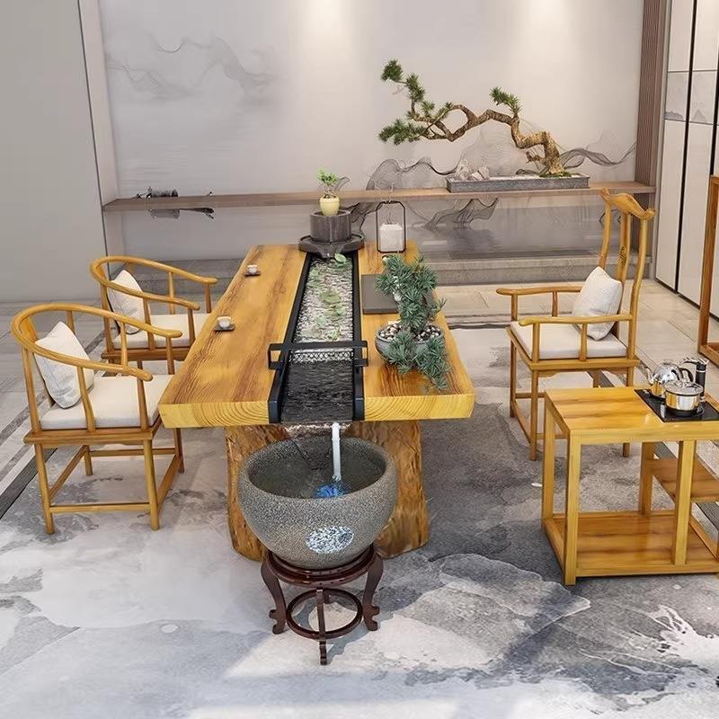 循环流水茶桌新中式实木茶桌椅组合禅意养鱼创意景观原木茶台