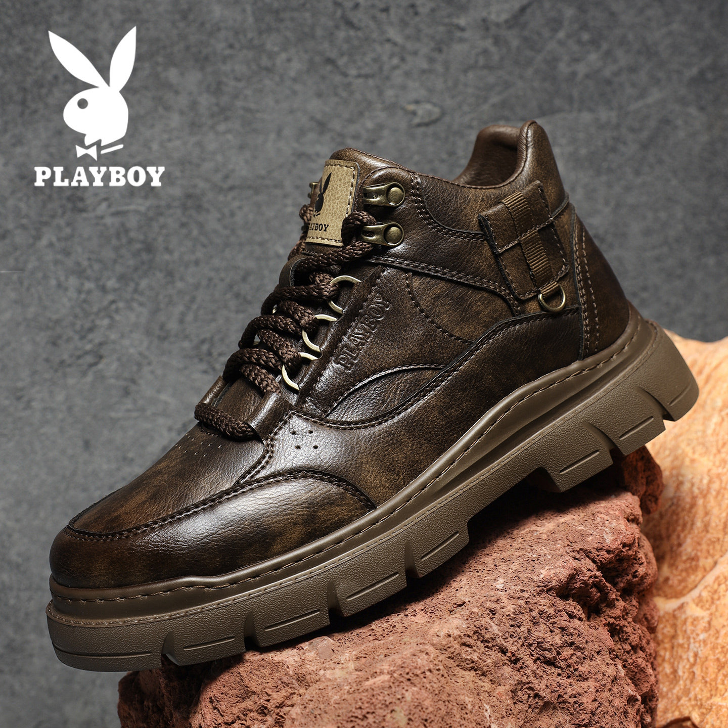 花花公子男鞋冬季英伦风马丁靴男士高帮防滑厚底工装靴复古机车靴