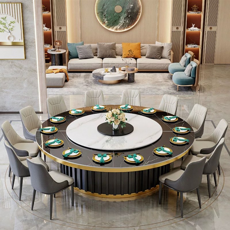 酒店大圆桌电动岩板圆桌全自动家用餐桌商用12人16人岩板餐桌