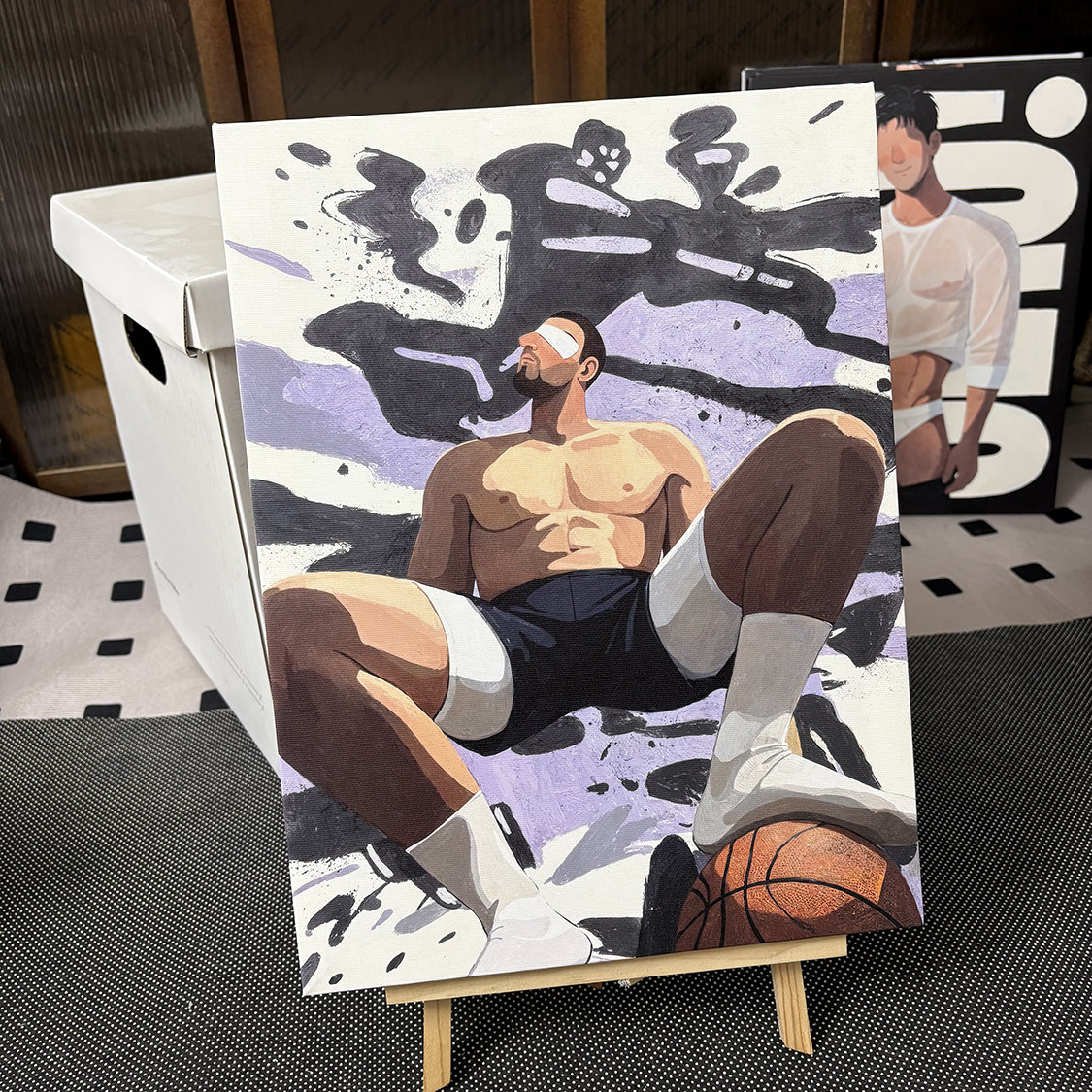 肌肉男篮球白袜卡通装饰画趣味氛围感画喷绘客厅房间玄关个性