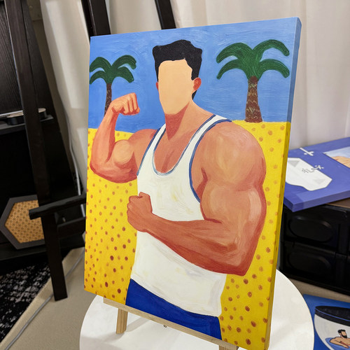 肌肉男趣味装饰画卡通油画平面氛围感画喷绘工作室艺术画框高级