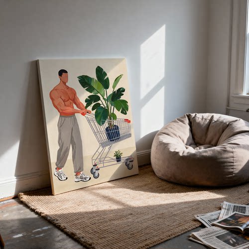 装饰画卡通肌肉男植男推车氛围感喷绘画工作室艺术画框靠墙挂画
