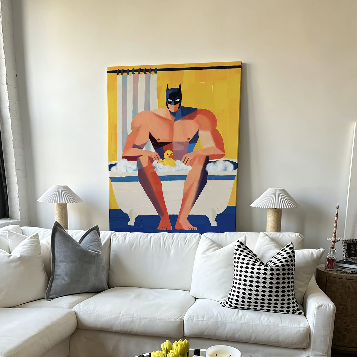 趣味美式潮流蝙蝠侠泡澡小黄鸭装饰画卡通油画挂画创意艺术壁画